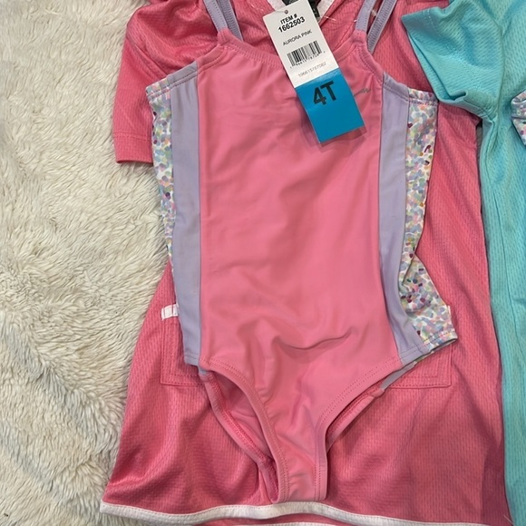 2 Eddie Bauer Kids One-Piece Aqua Pink/White/Floral Swimsuit Cover Up Nwt 4T - Picture 4 of 5